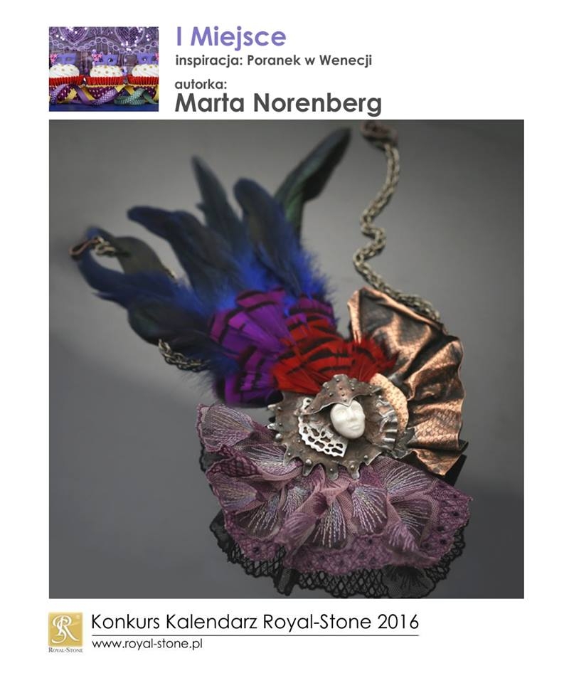 01 Marta Norenberg Sztuk Kilka I miejsce Konkurs biżuteria Royal-Stone Poranek w Wenecji miedź porcelana pióra naszyjnik
