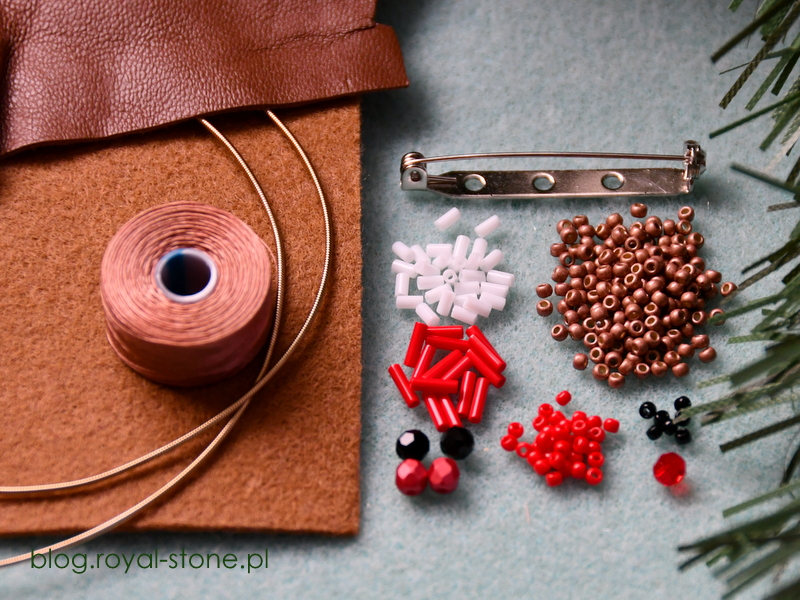Materiały potrzebne do wykonania broszki świątecznej  haftem koralikowym chaotycznym.